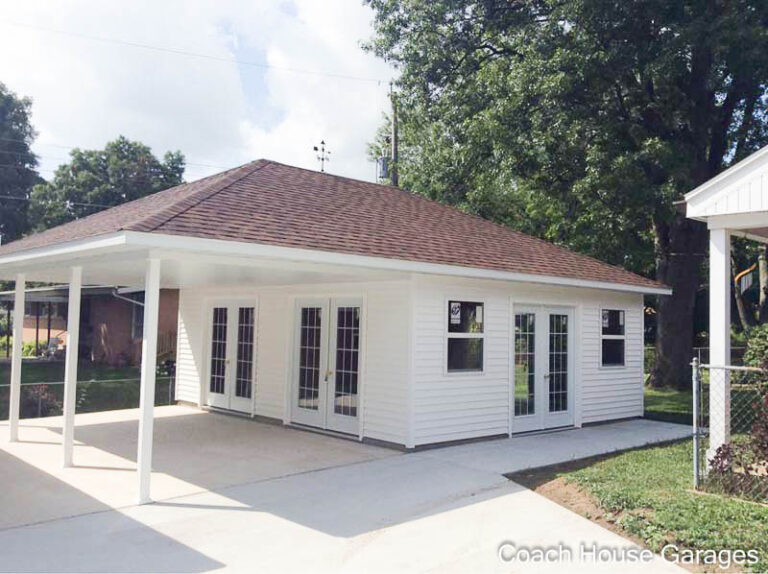 backyard studio with overhang and lots of doors and windows for natural light